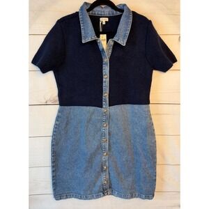 Denim Colorblock Mini Dress - Navy & Light Blue